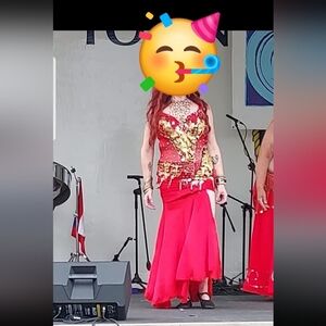 Professional Belly Dance Costume Red Sequins Gold Coins